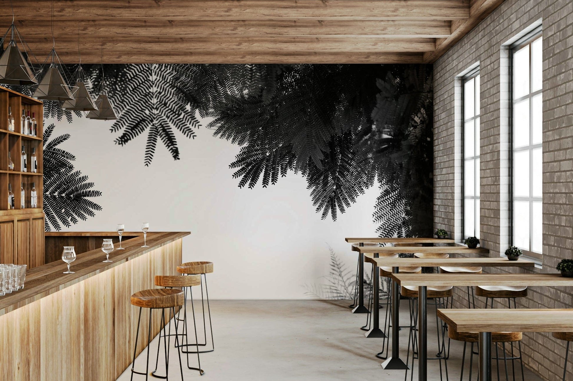 A peaceful woodland vista mural on decorative wallpaper.

