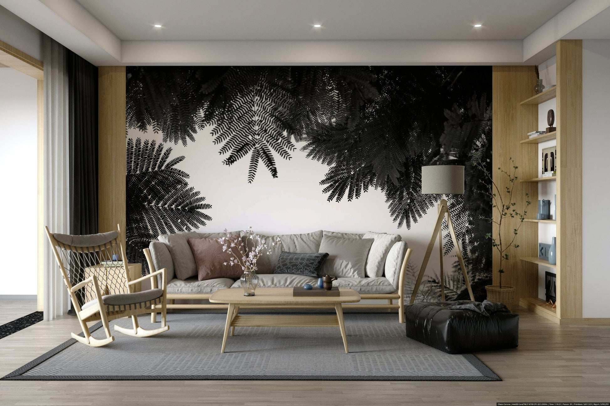 An artistic lush forest mural on minimalist wallpaper.

