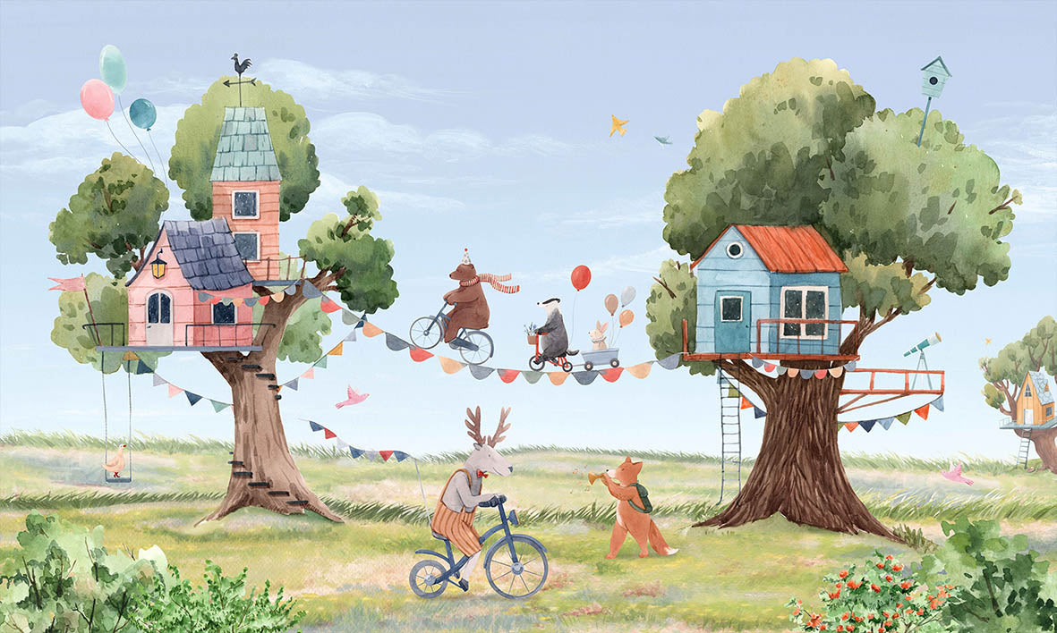 Treehouse party wallpaper for kids room