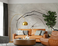Tree’s Life Story Wall Mural behind sofa in apartment lounge, neutral palette, calm botanical style