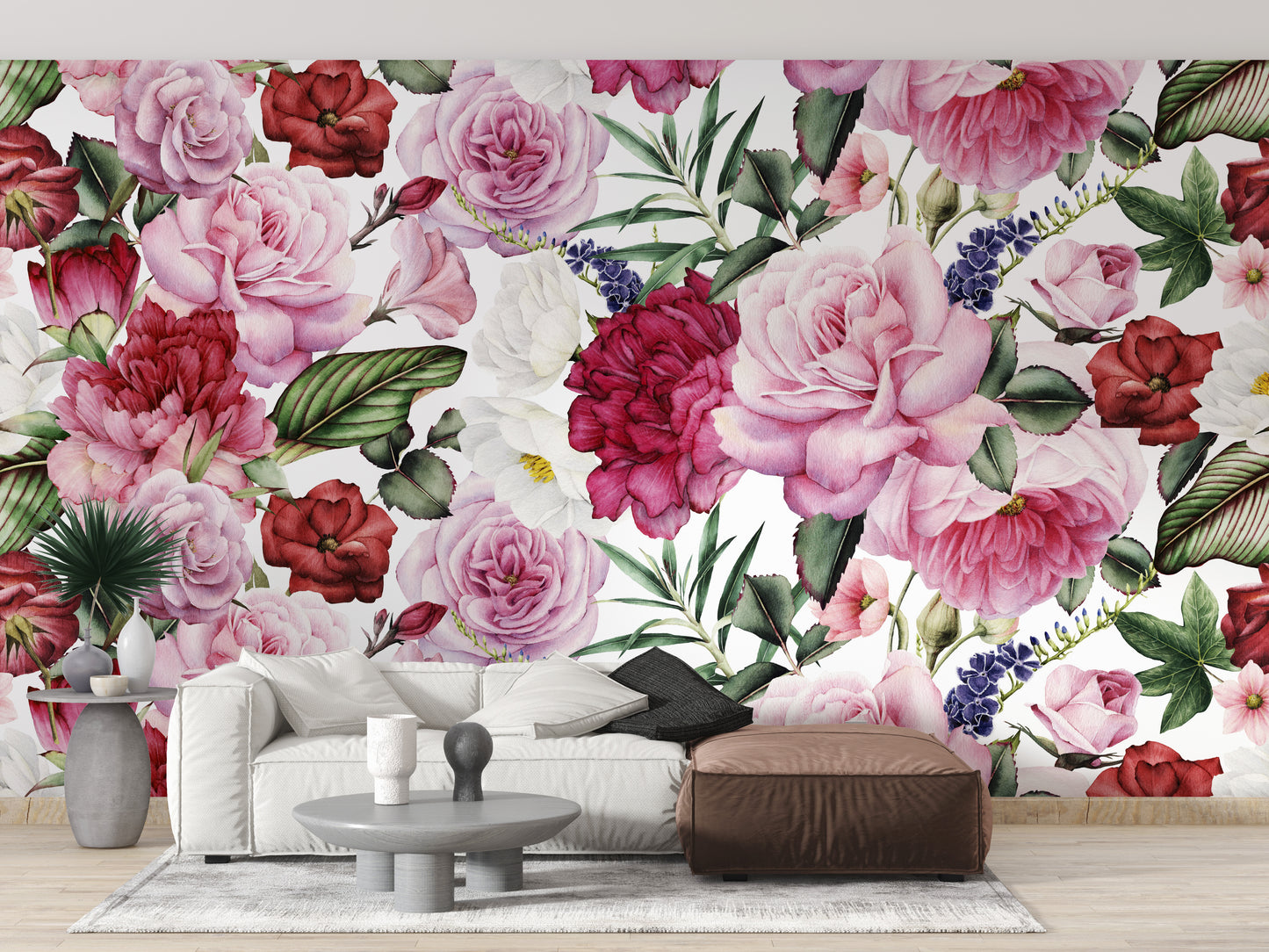 Romantic pink and red rose mural for bedrooms
