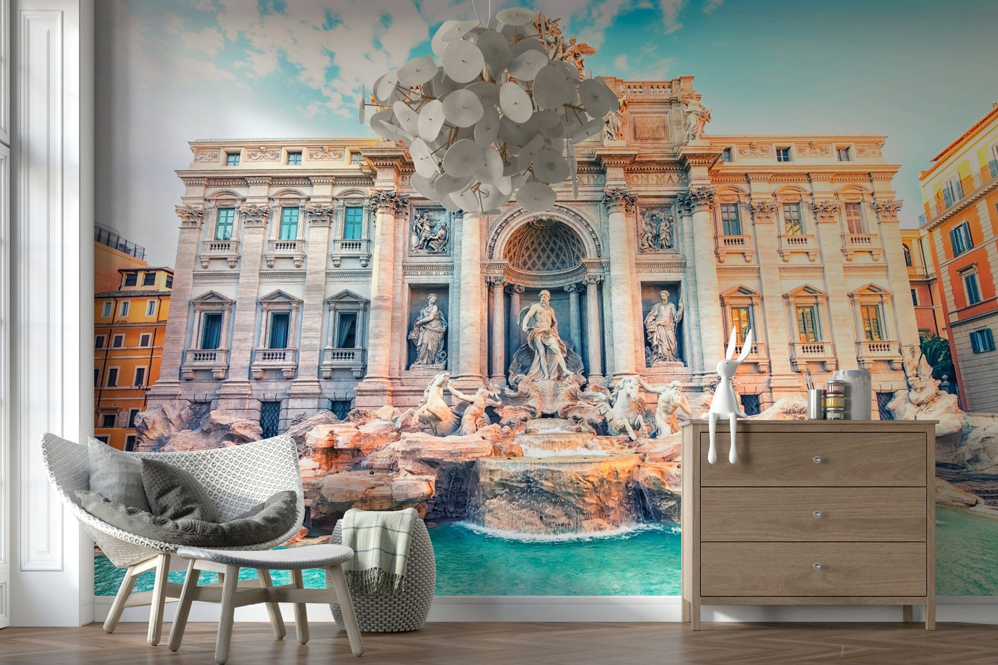 Trevi fountain scene wallpaper in reading nook, calm aqua tones and stone texture