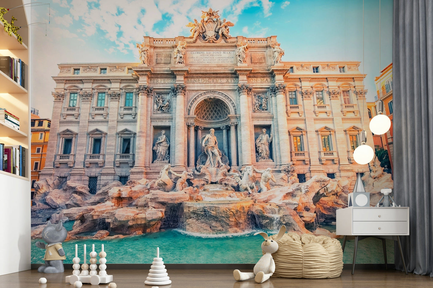 Architectural turquoise mural behind grey couch, modern living space feature wall