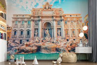 Architectural turquoise mural behind grey couch, modern living space feature wall