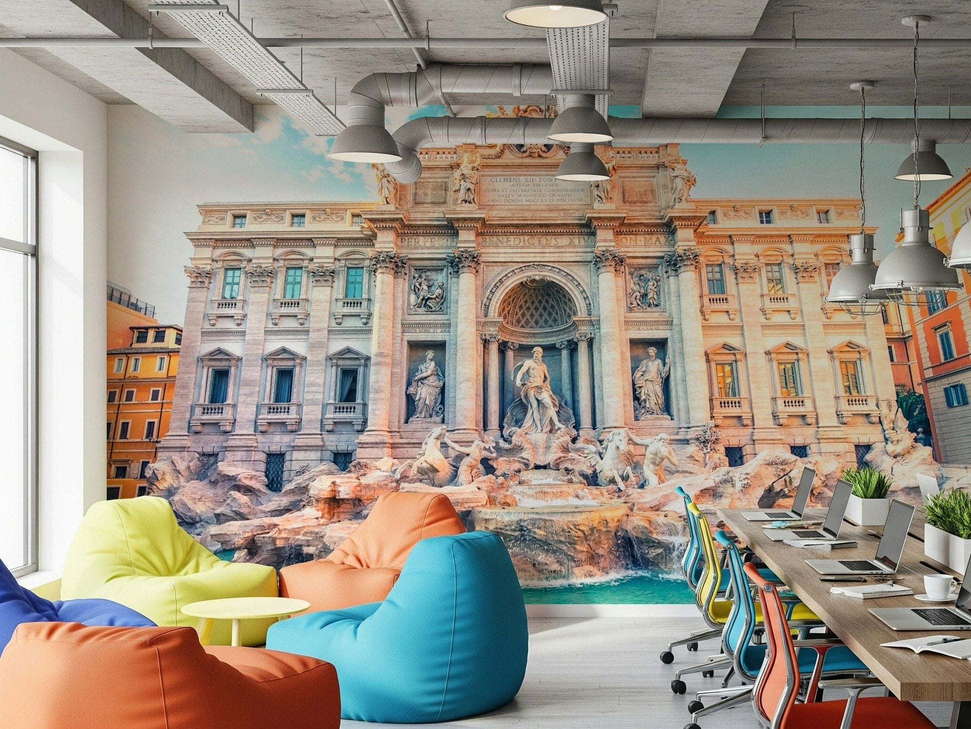 Trevi's Turquoise Dream wallpaper in bedroom, aqua highlights and classic stonework