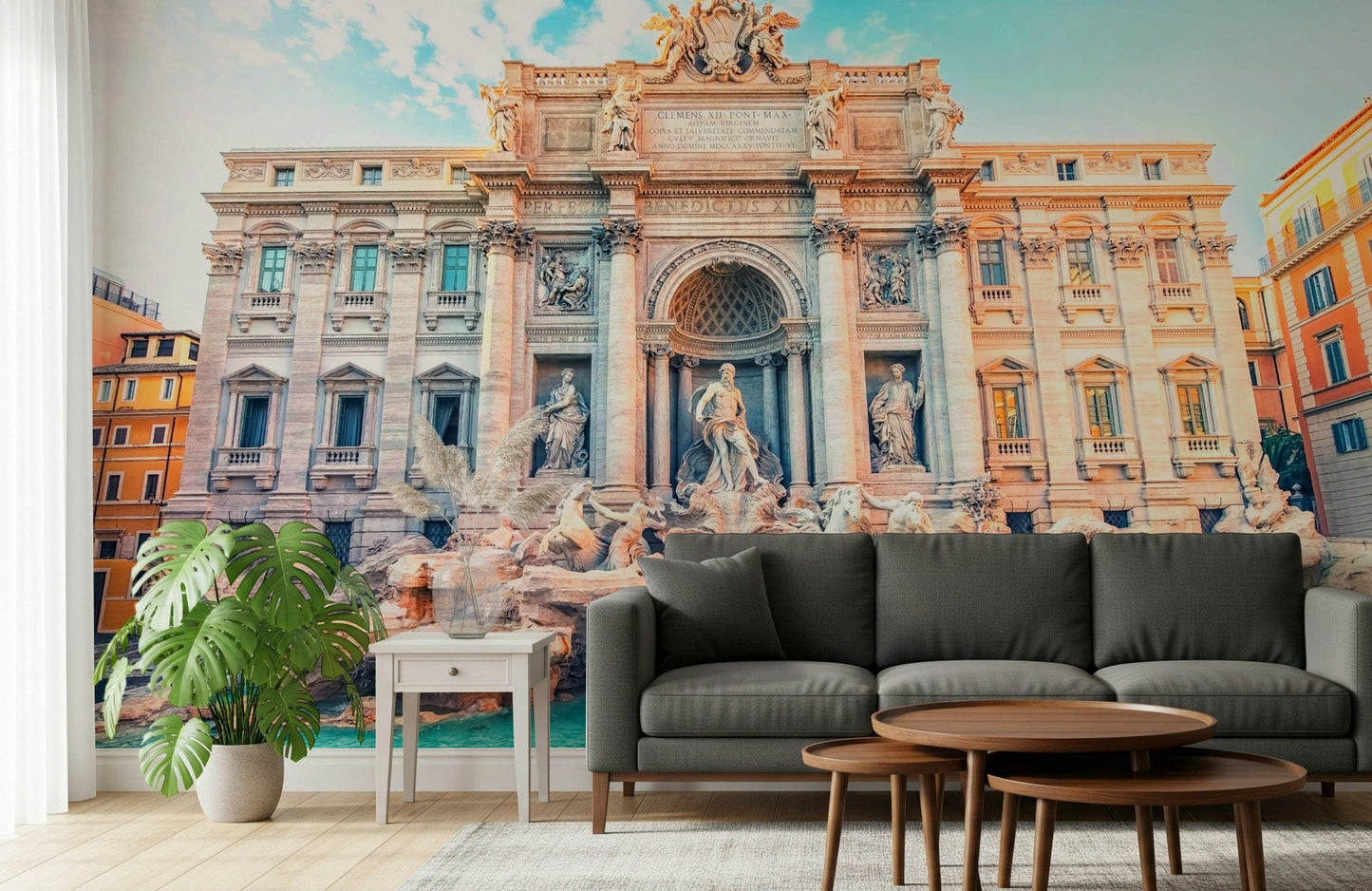 Turquoise Trevi fountain mural behind sofa, modern home styling backdrop for apartment