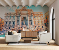 Trevi's Turquoise Dream Wall Mural in living space, turquoise fountain scene feature wall