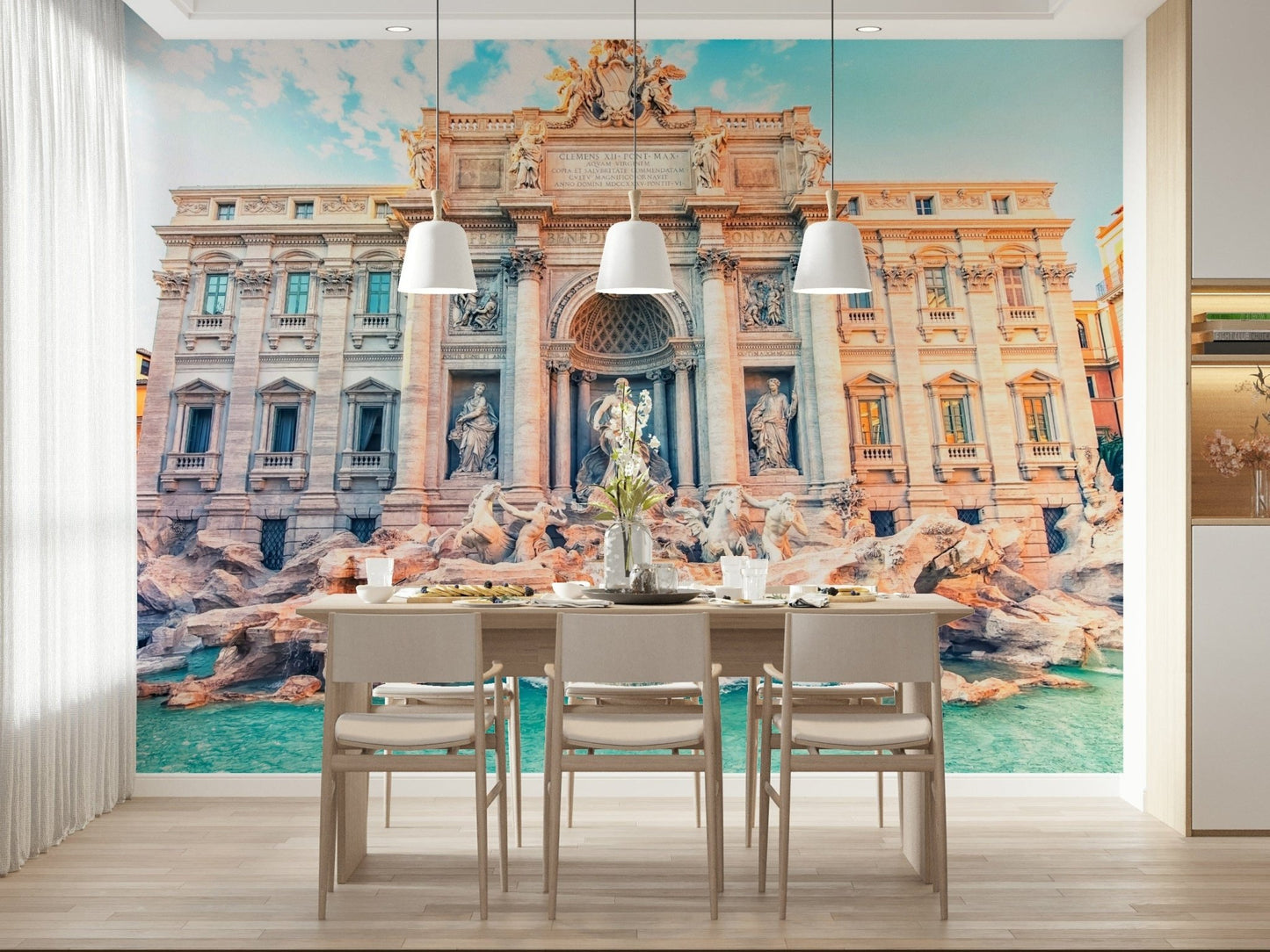 Trevi's Turquoise Dream mural in entryway, aqua stone fountain scene behind console