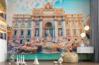 Architectural turquoise mural behind grey couch, modern living space feature wall