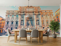 Turquoise fountain wall mural for dining area, classic architecture feature wall styling
