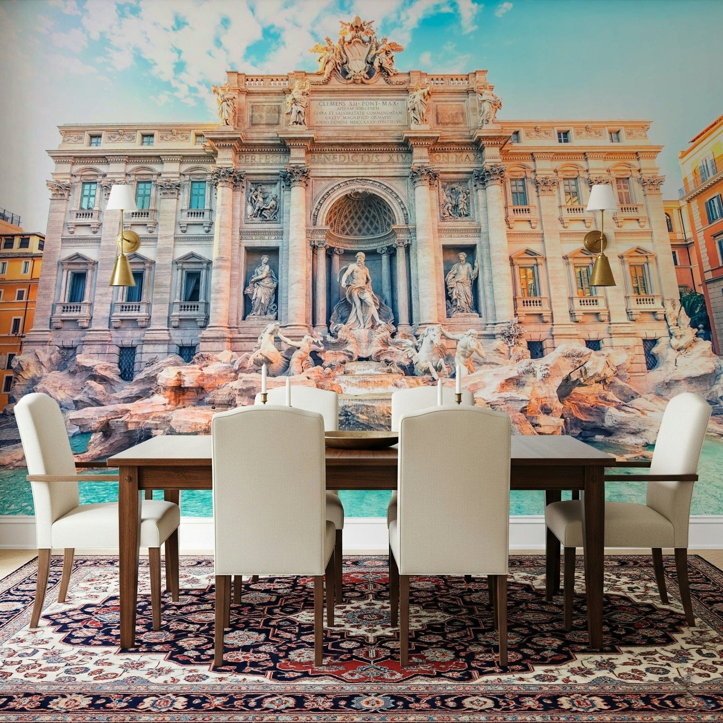 Trevi turquoise mural in home office, architectural backdrop with aqua colours