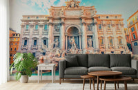 Turquoise Trevi fountain mural behind sofa, modern home styling backdrop for apartment