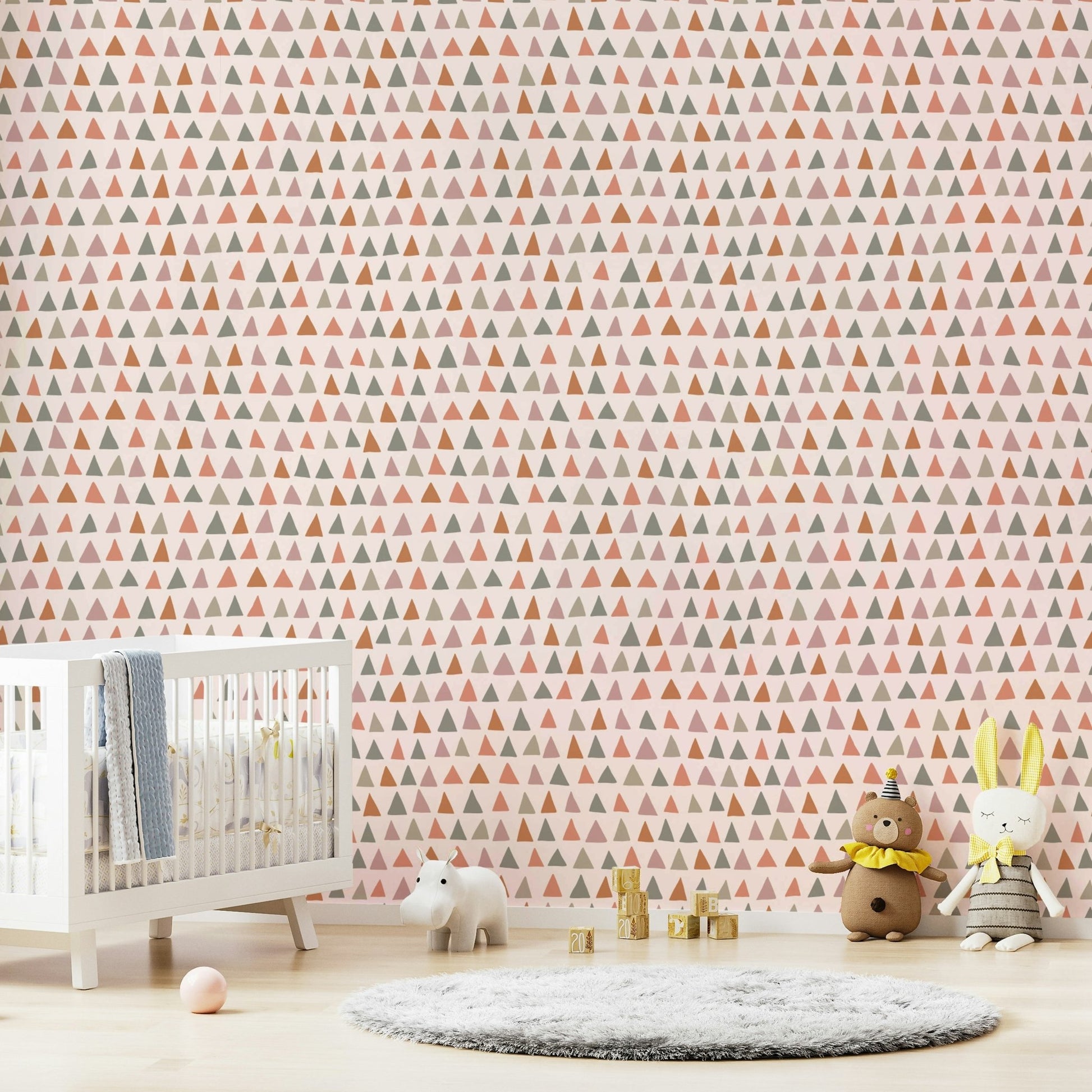 Kids room wallpaper with earthy triangle designs.

