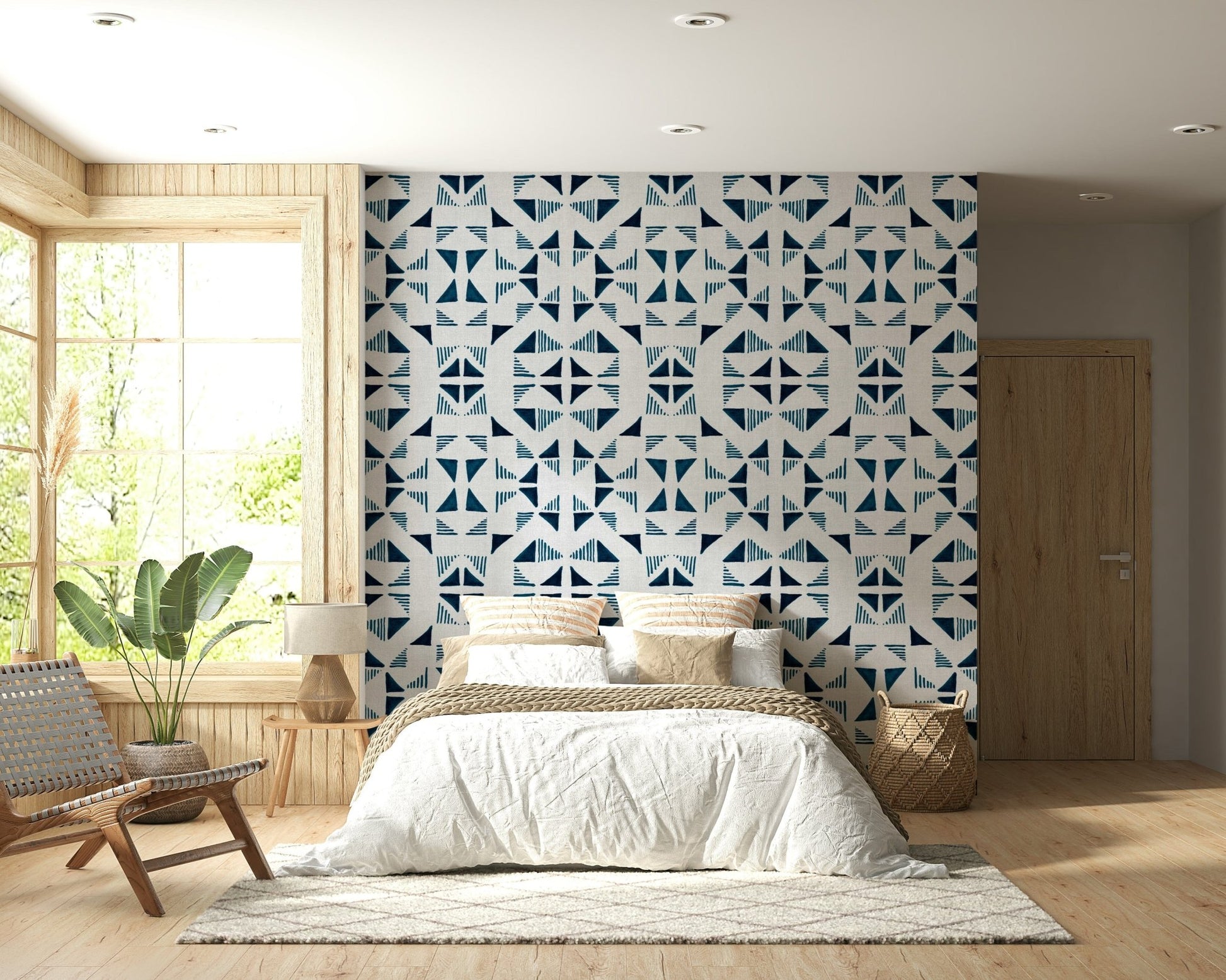 Stylish abstract triangle mural in shades of cobalt, powder blue, and soft pastel hues.