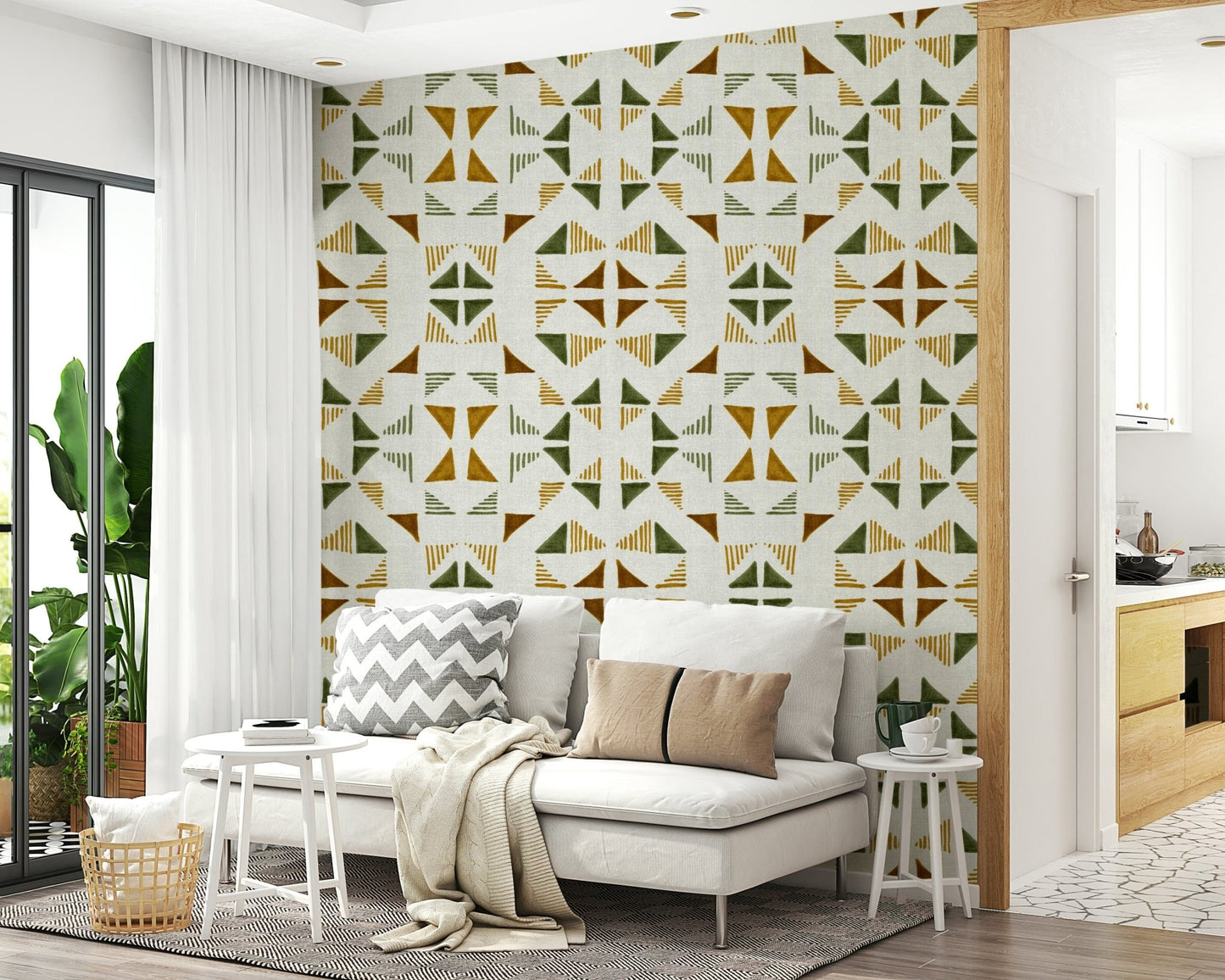 Foliage-inspired triangle pattern wallpaper adding a fresh, natural feel to interiors.