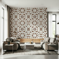 Warm geometric wallpaper with layered triangle shapes in earthy coffee colors.