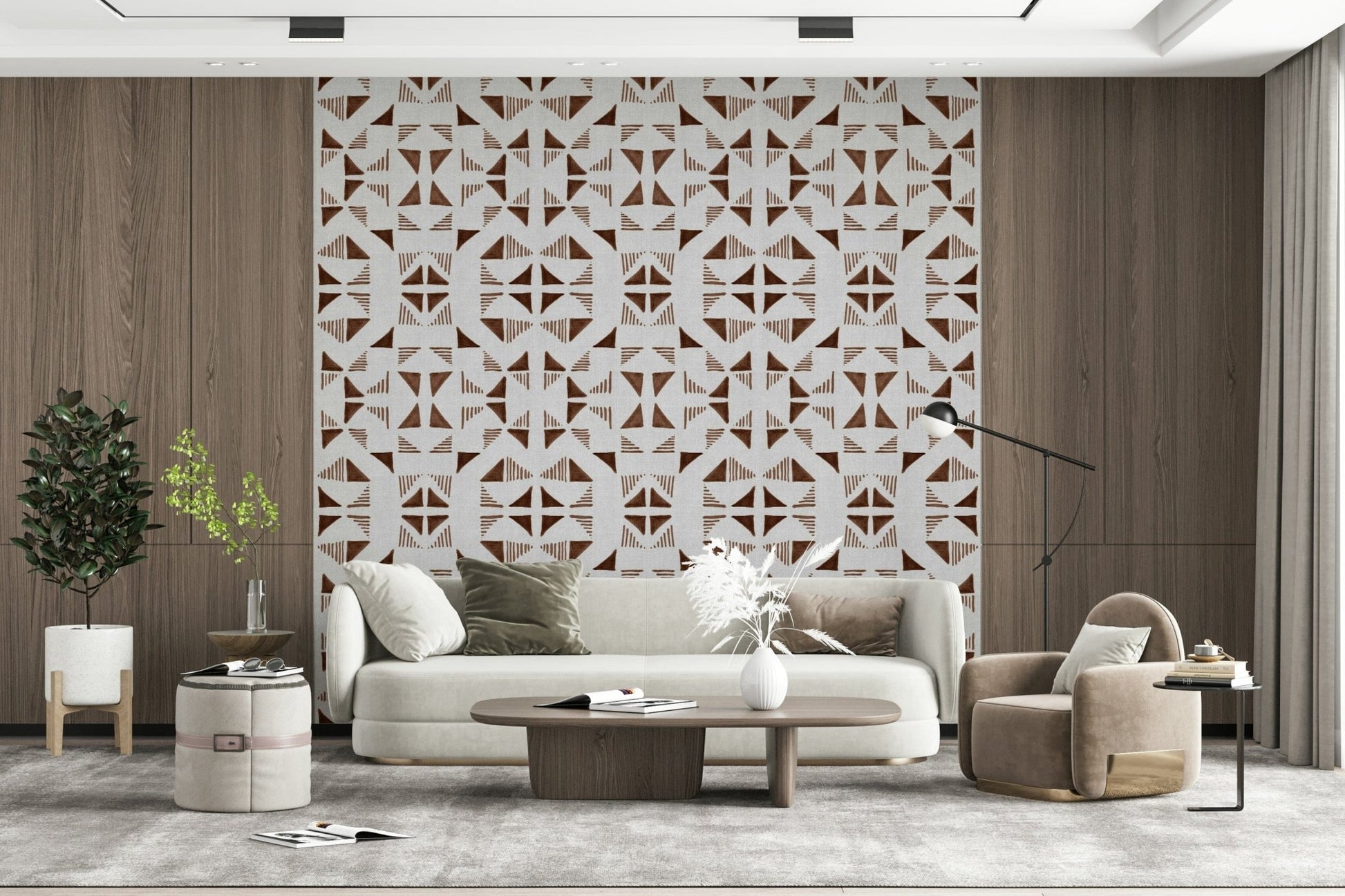 Triangles design wallpaper with warm brown and cream tones for stylish home decor.