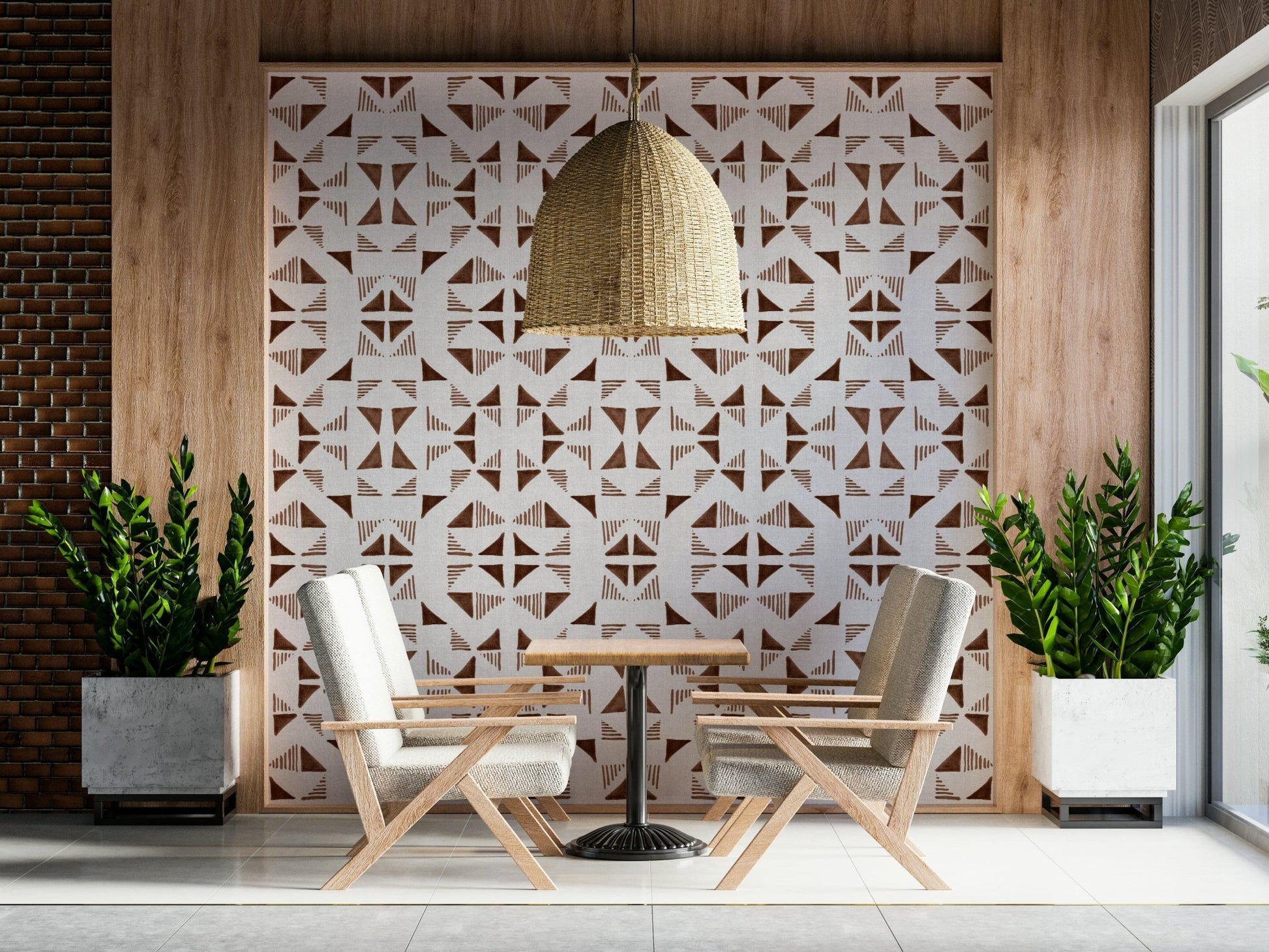 Triangles Composition Mocha Wallpaper featuring geometric shapes in warm mocha and beige tones.
