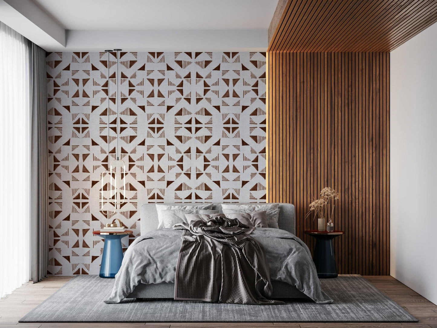 Triangles wallpaper in warm neutral shades with layered geometric patterns.