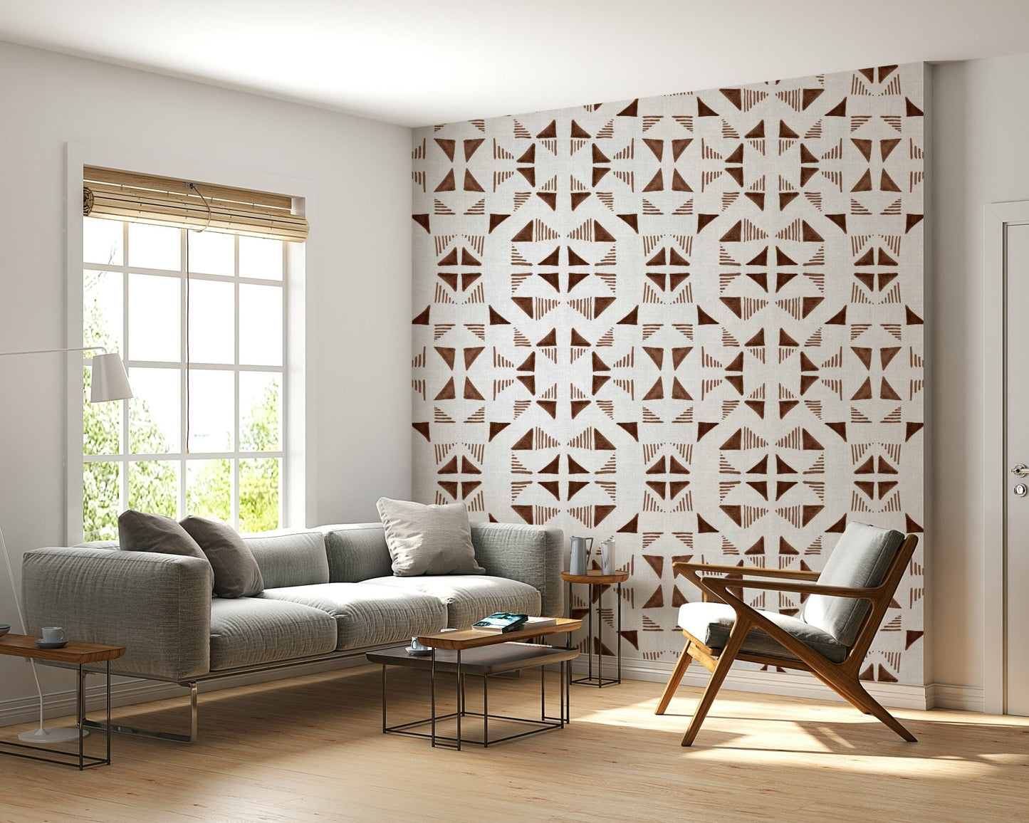 Stylish abstract triangle mural in mocha, caramel, and beige tones for sophisticated interiors.