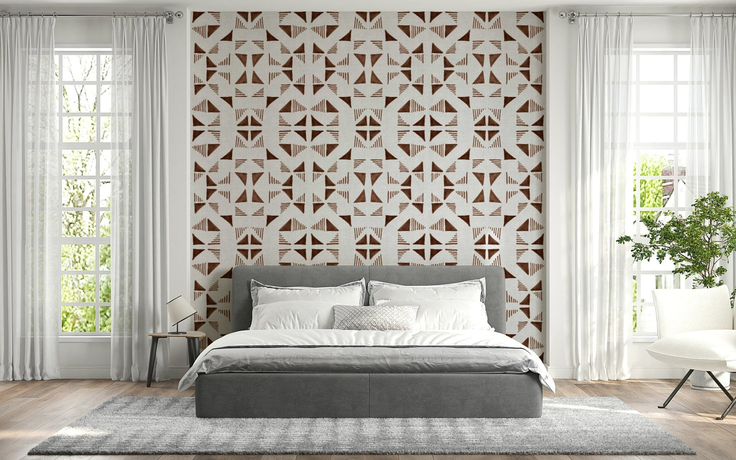 Modern geometric wall mural with layered triangles in soft coffee and chocolate shades.
