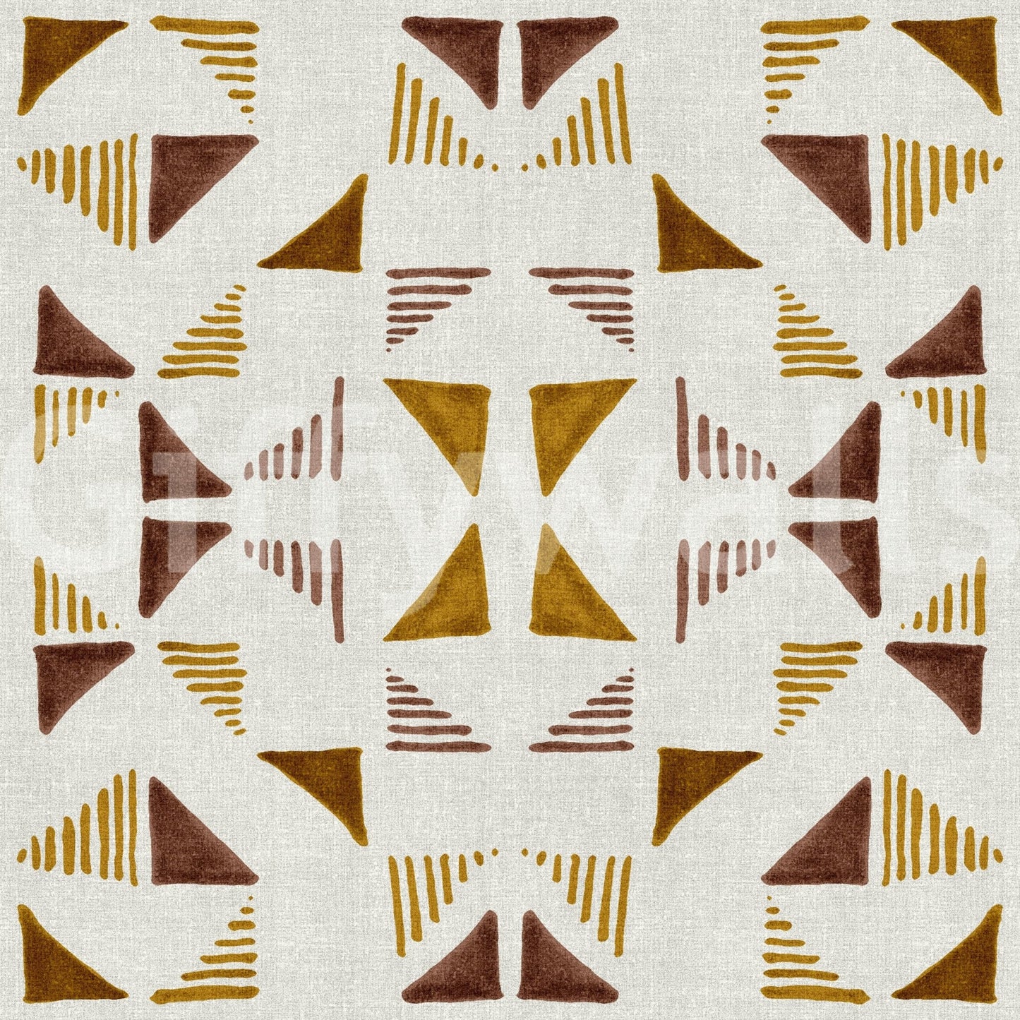 Triangles Composition Warm wallpaper close-up of mustard-gold and brown triangles on textured off-white linen