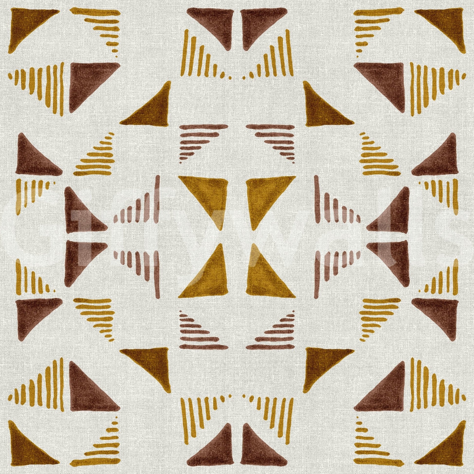 Triangles Composition Warm wallpaper close-up of mustard-gold and brown triangles on textured off-white linen
