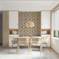 Abstract geometric mural featuring warm gradient triangles in orange, brown, and cream tones.