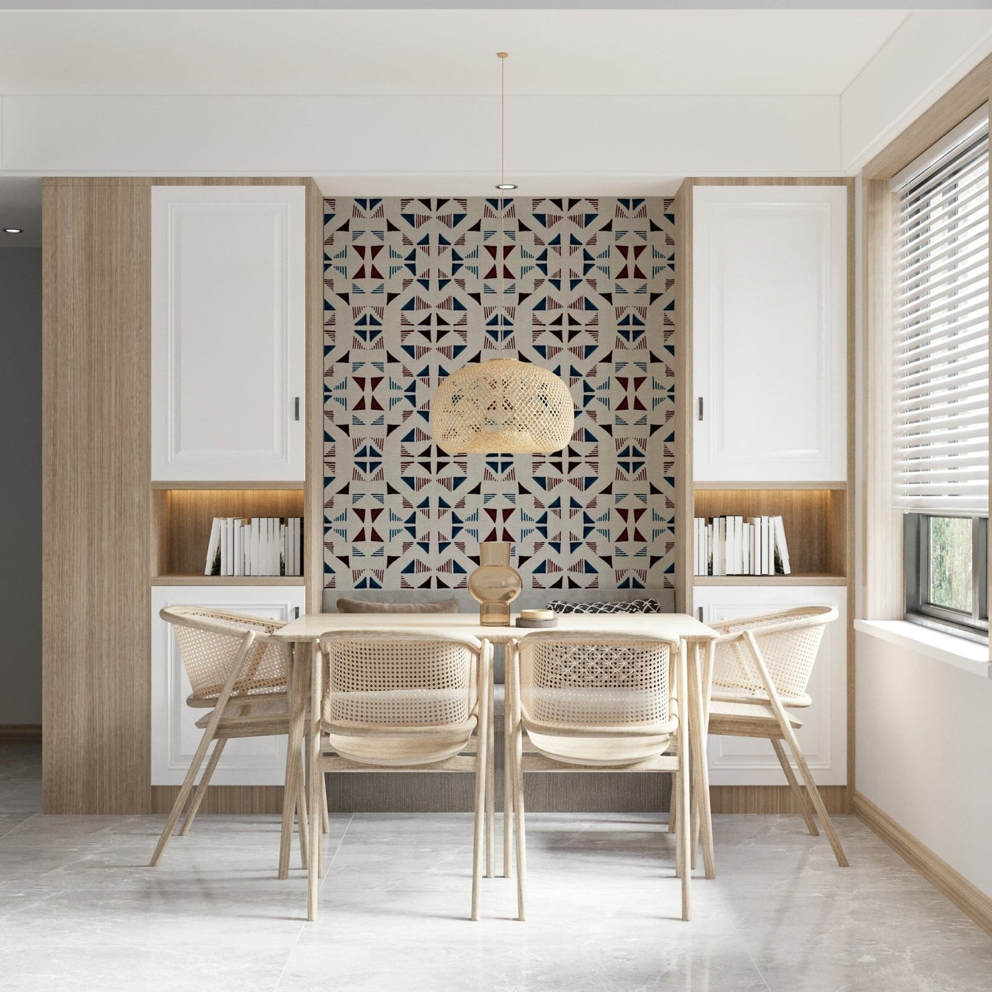 Modern abstract wallpaper inspired by winter mountains and triangle forms in soft white and silver shades.