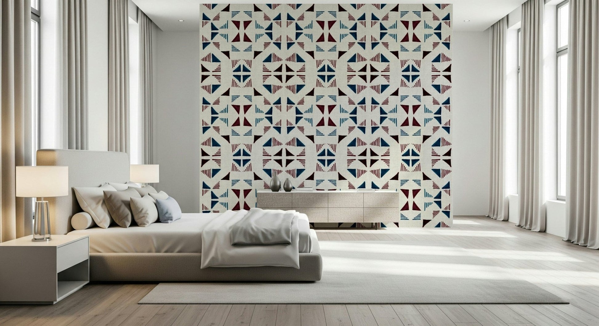 Minimalist winter wallpaper with overlapping triangles in snowy pastel tones.