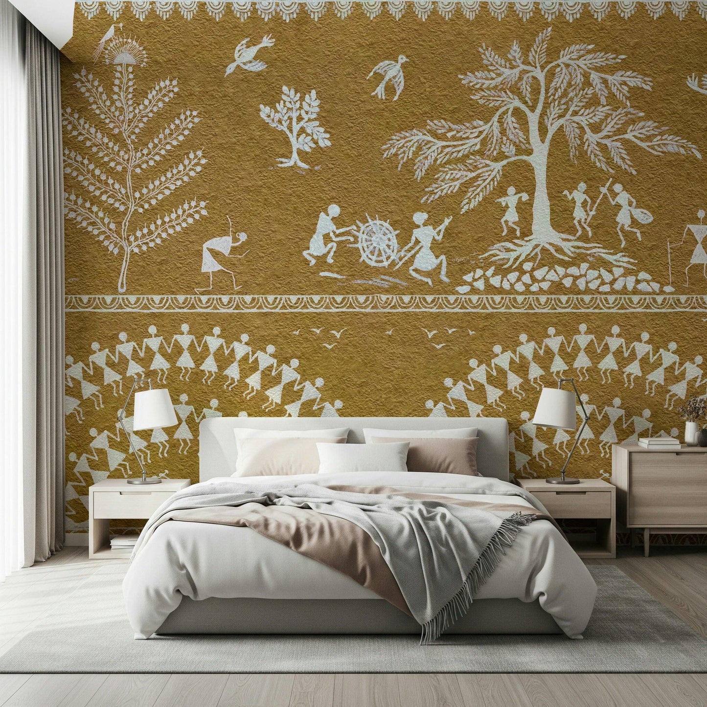 Symmetrical tribal pattern wall mural for a warm, inviting entryway.