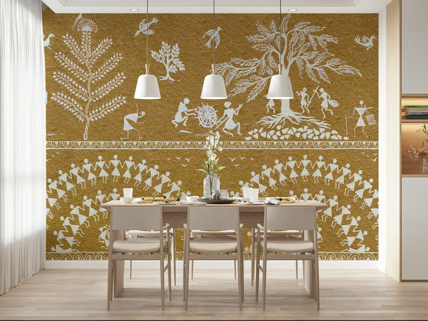 Artistic tribal wallpaper in a dining room with modern black fixtures.