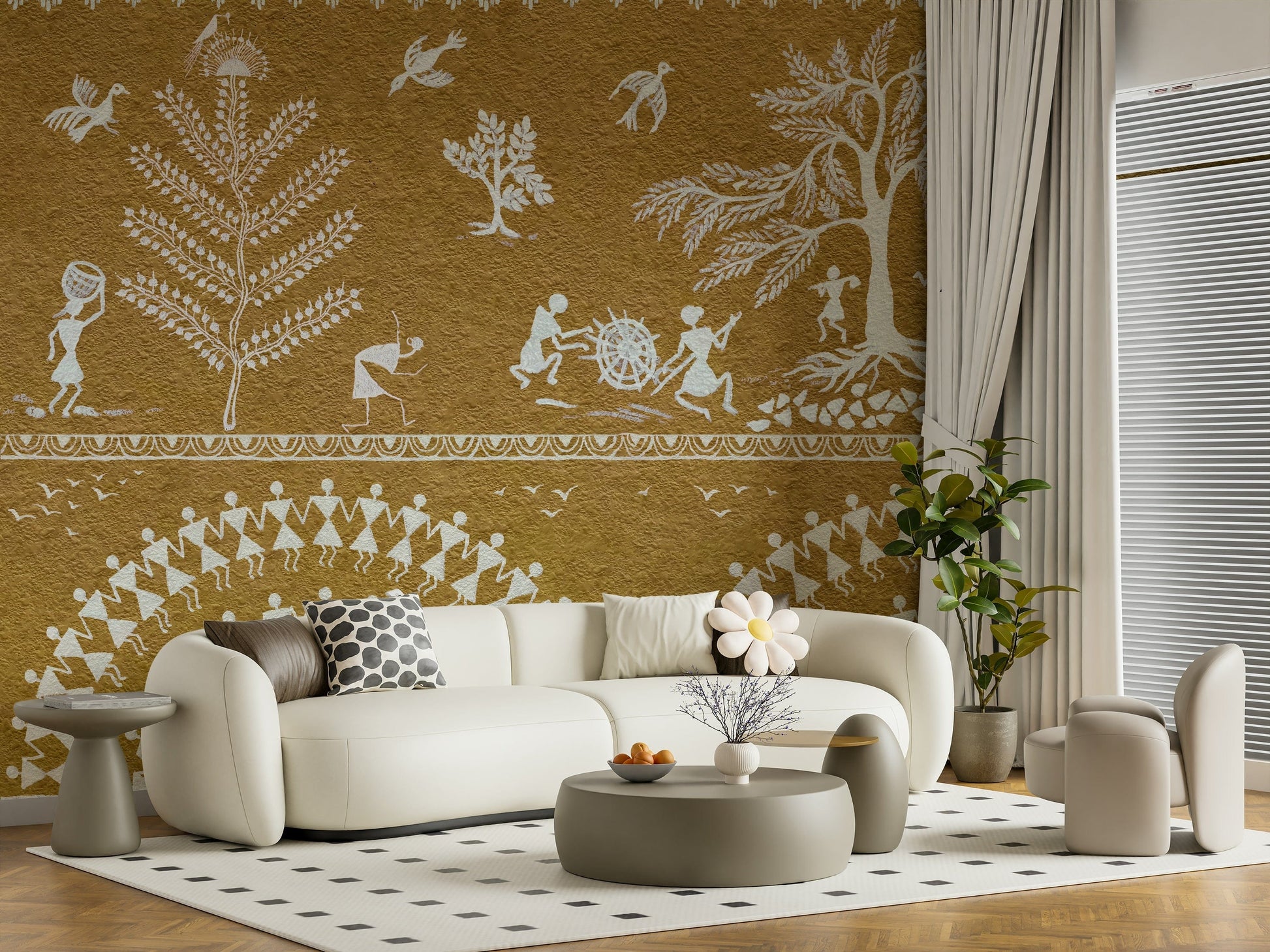 Rhythmic tribal figures mural behind a leather sofa in an urban apartment.