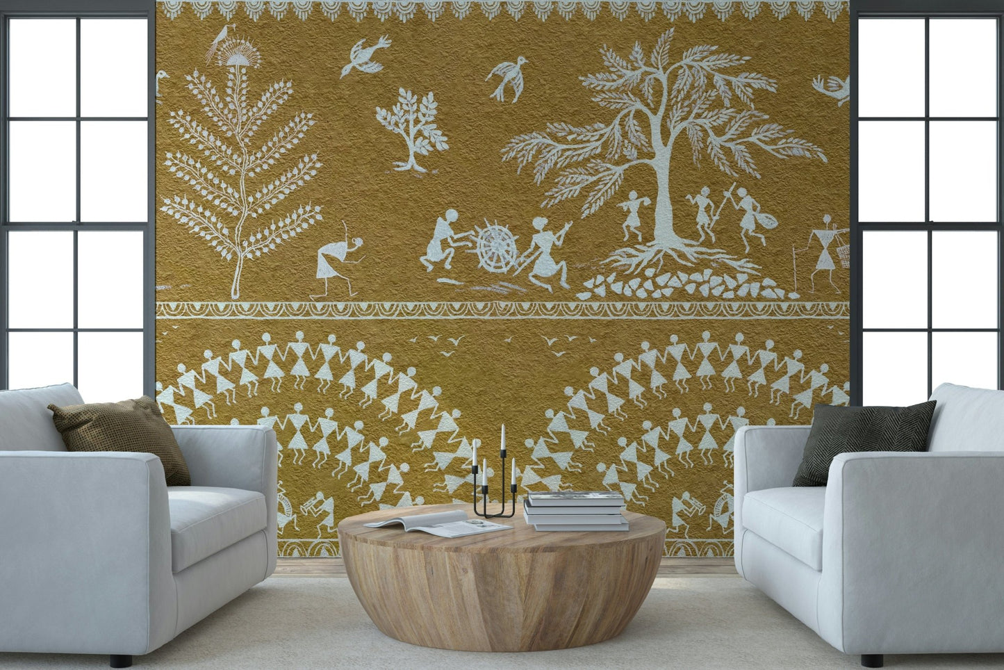 Minimalist ethnic pattern mural on a feature wall in a home office.