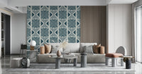 Tribal Denim Motif Wallpaper in a stylish flat with velvet armchairs and brass fittings.