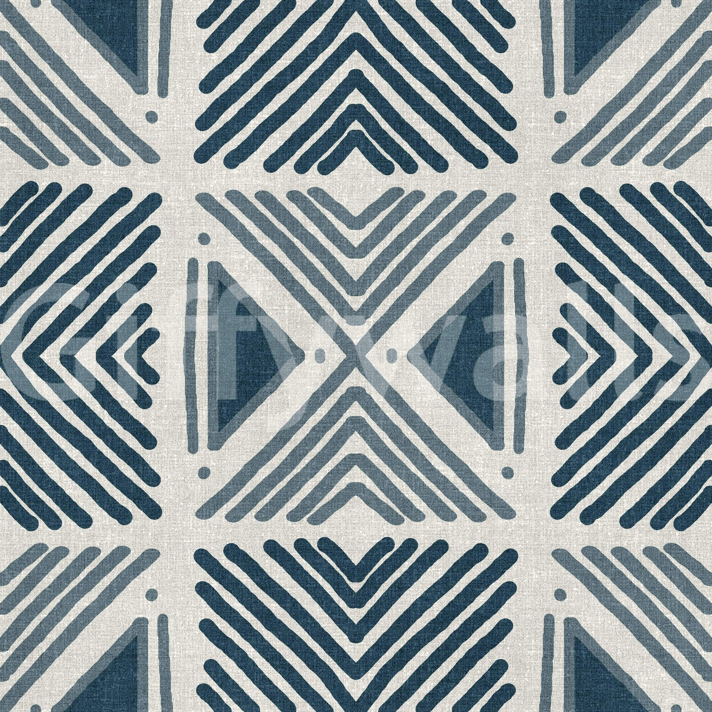 Textured look wallpaper with navy tribal shapes for a sophisticated sitting room.