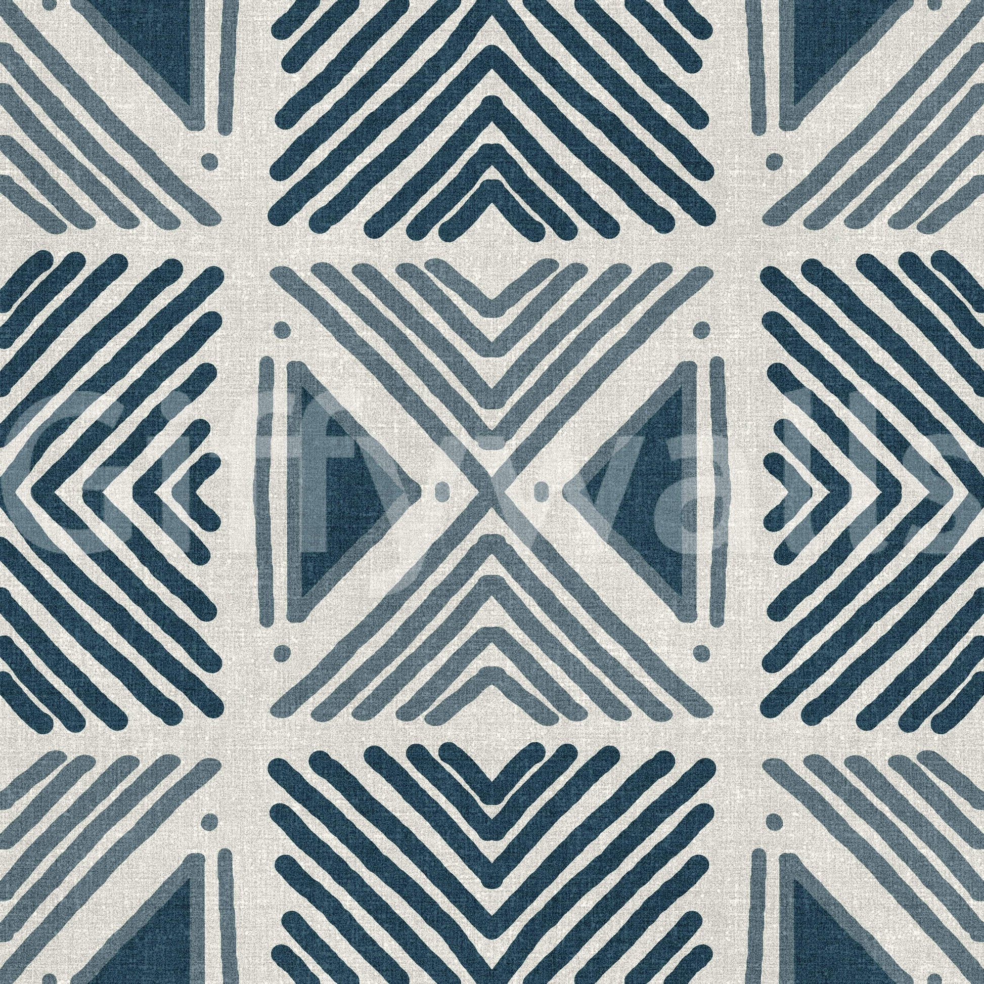 Textured look wallpaper with navy tribal shapes for a sophisticated sitting room.