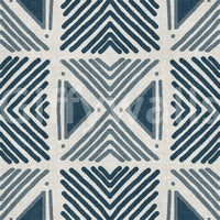 Textured look wallpaper with navy tribal shapes for a sophisticated sitting room.