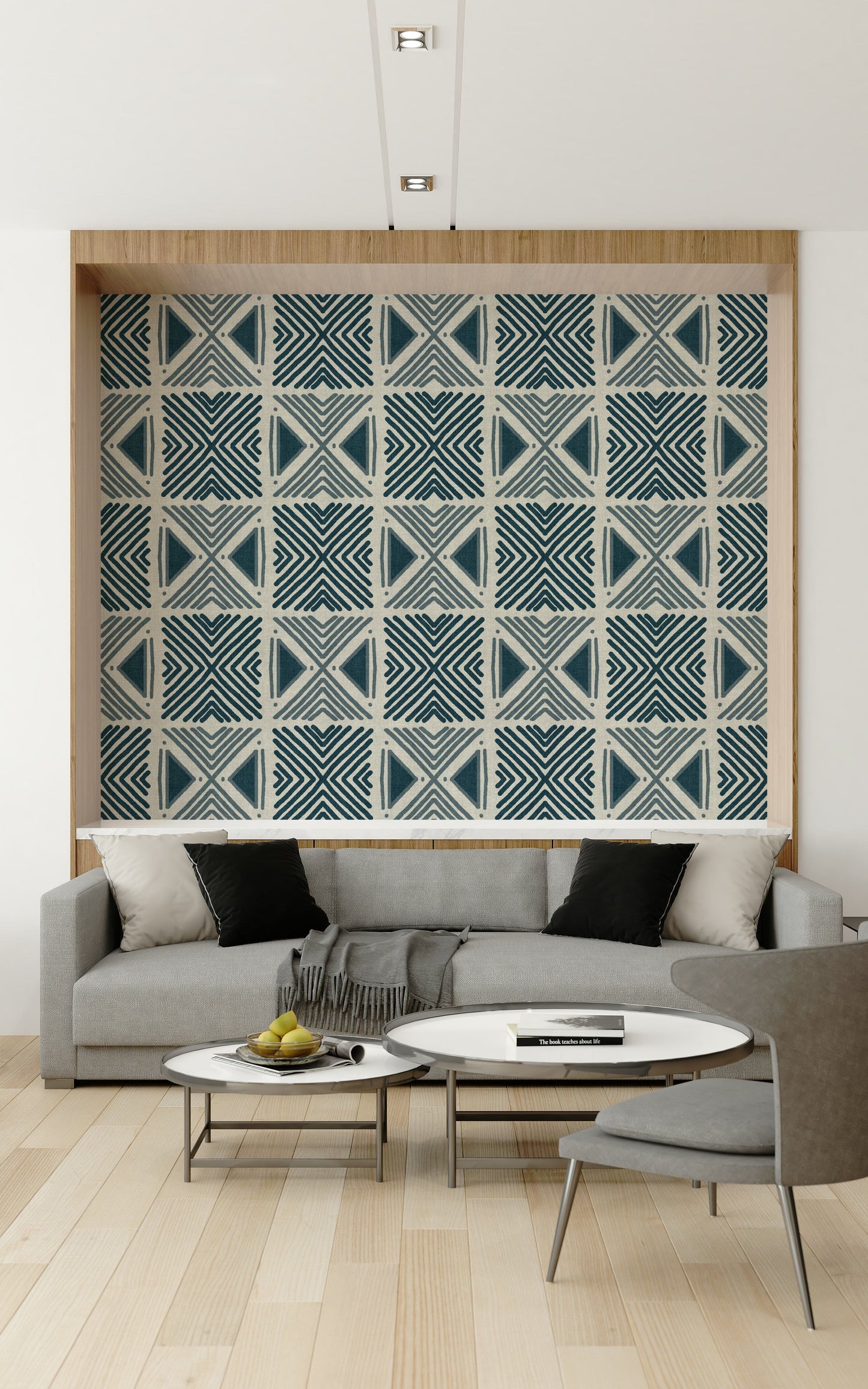 Blue textile look wallpaper for a guest room update in a contemporary flat.