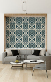 Blue textile look wallpaper for a guest room update in a contemporary flat.