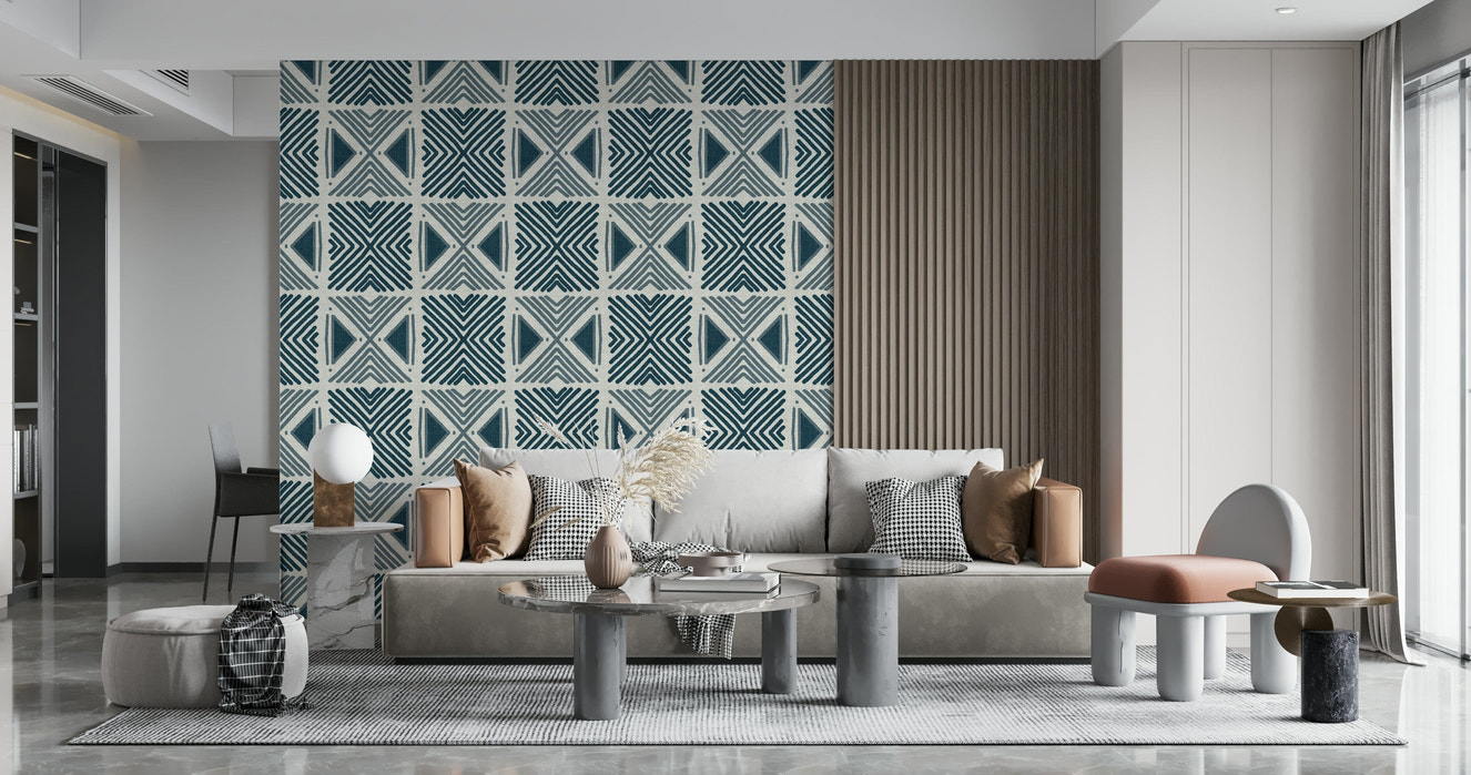 Tribal Denim Motif Wallpaper in a stylish flat with velvet armchairs and brass fittings.