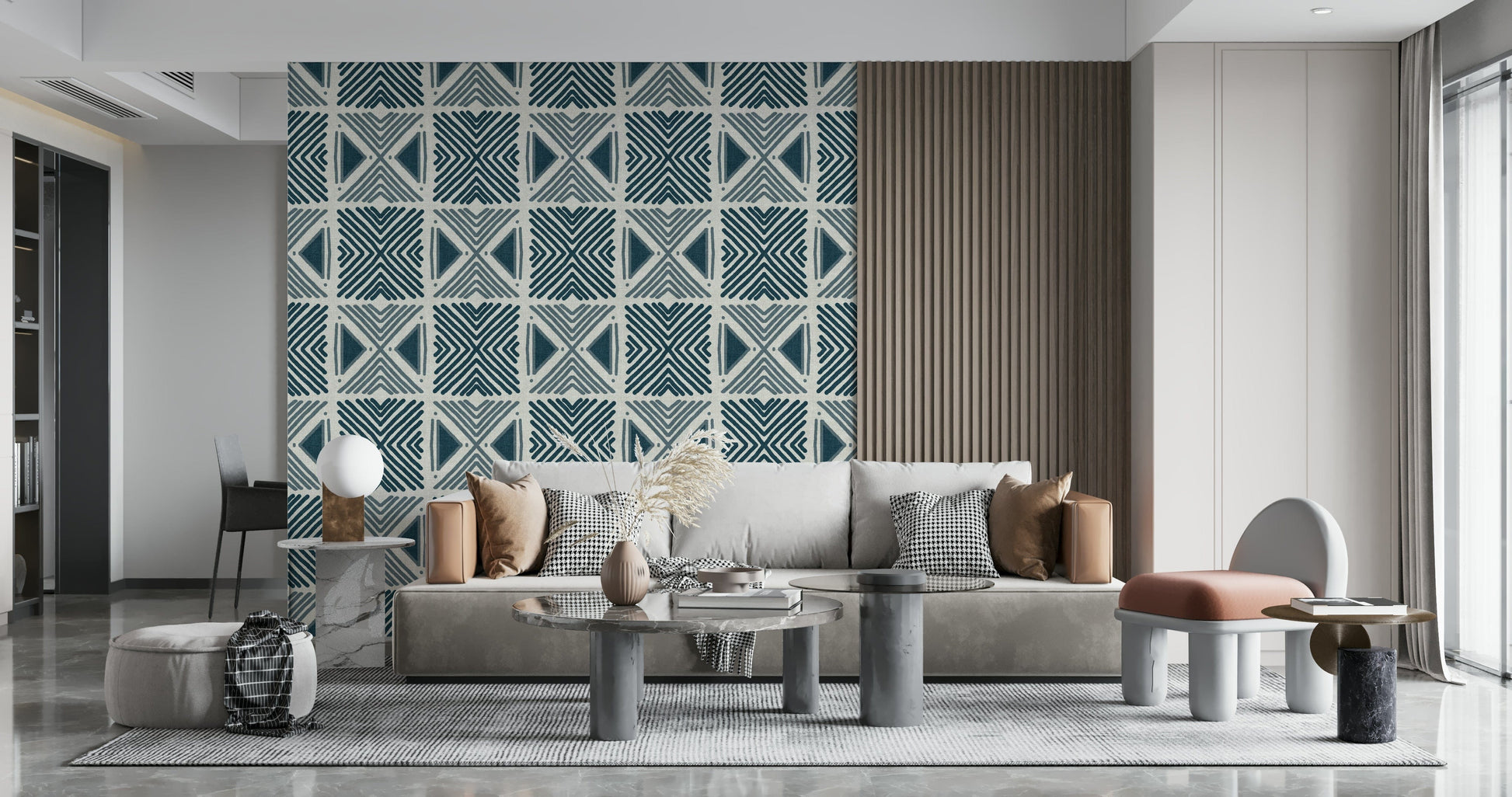 Tribal Denim Motif Wallpaper in a stylish flat with velvet armchairs and brass fittings.