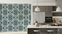 Dark blue pattern wallpaper for a creative hobby room or study area.