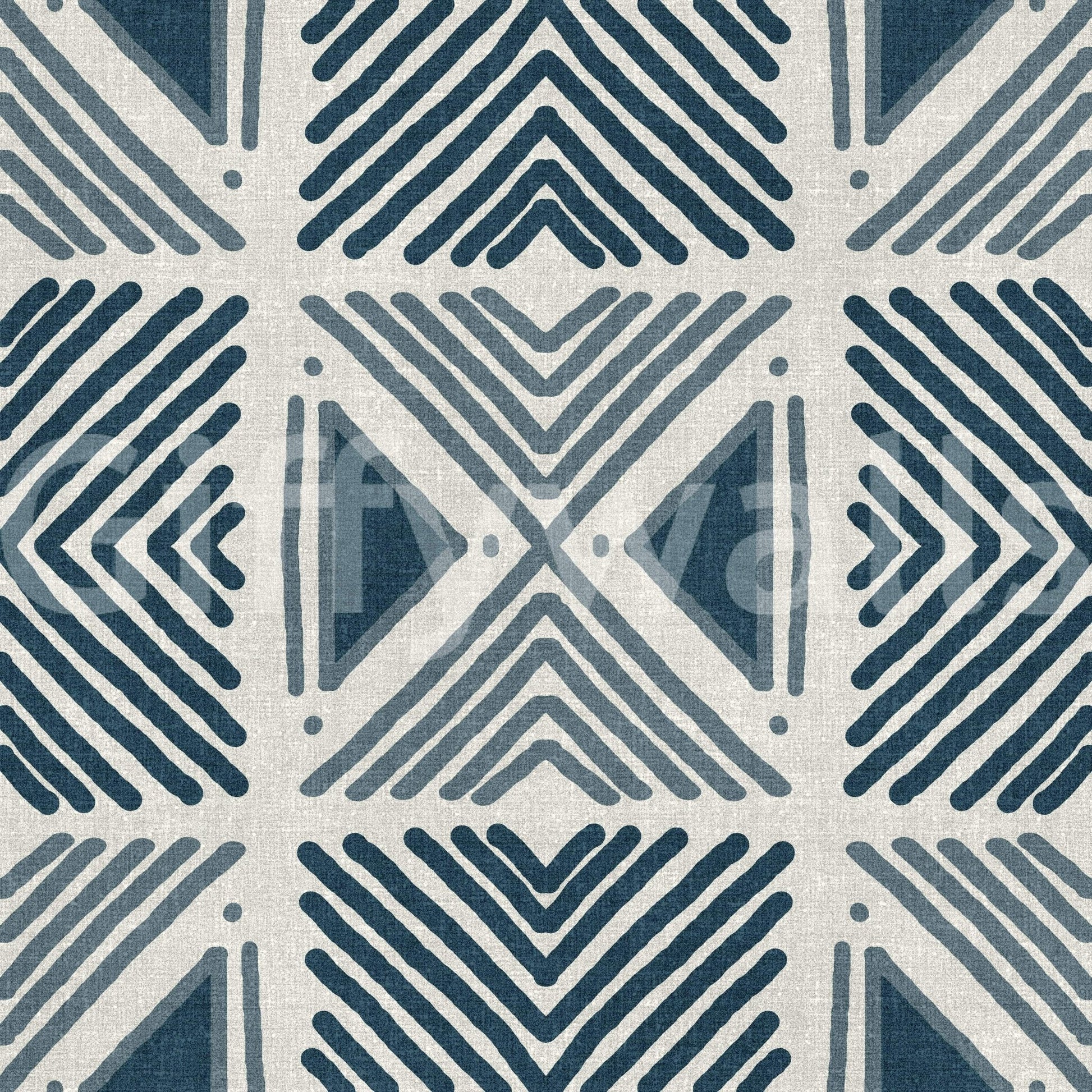 Textured look wallpaper with navy tribal shapes for a sophisticated sitting room.