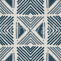 Textured look wallpaper with navy tribal shapes for a sophisticated sitting room.