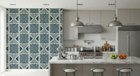 Woven effect blue patterns in a modern flat with minimalist accessories.