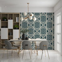 Tribal Denim Motif Wallpaper providing a classic backdrop in a hallway.