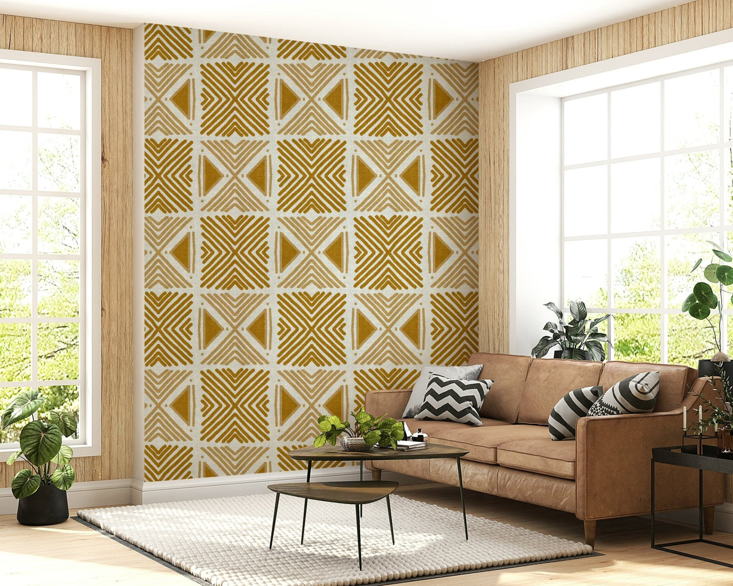 Rustic geometric wallpaper, ochre mustard tones, captivating motif.