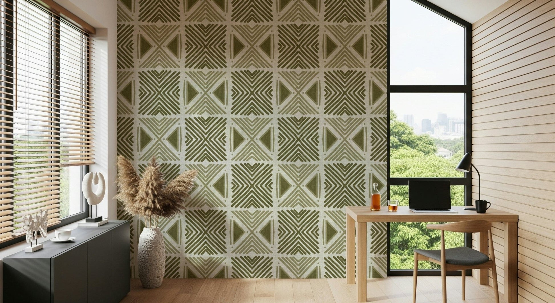 Wallpaper for walls: Tribal Herbs Motif, captivating symmetry, olive hues.
