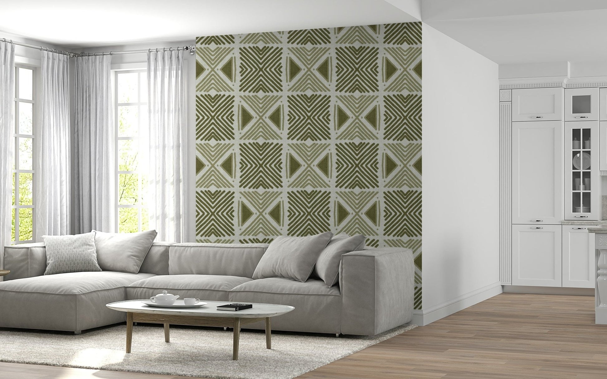 Earthy Tribal Herbs wallpaper for walls, striking, repetitive V-shapes.